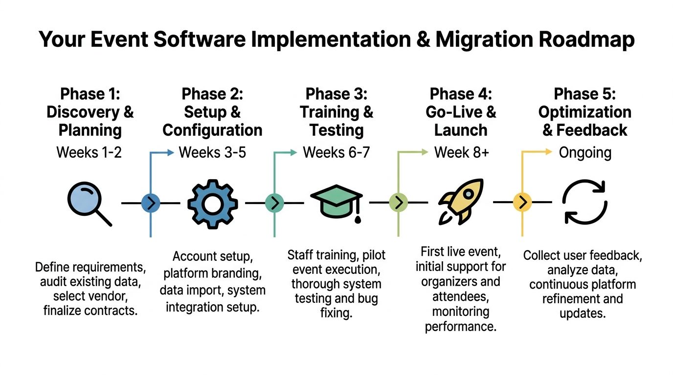 A flowchart showing the five phases of event management software implementation and migration timeline and steps.
