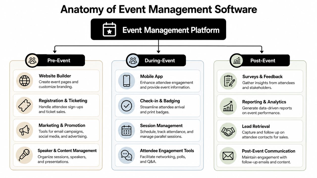 An infographic detailing the anatomy of event management software across pre-event, during-event, and post-event phases.