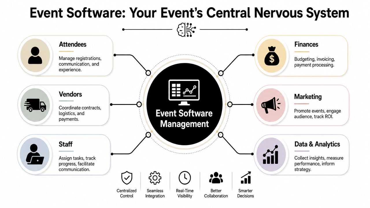 A diagram illustrating how event software management acts as a central hub for coordinating key event processes.