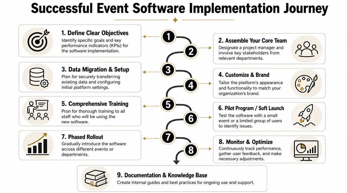 A diagram outlining nine essential steps for a successful event software implementation journey in a business.