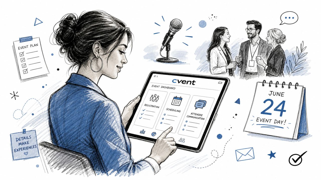 A woman working on a Cvent event management software dashboard with event planning icons and a calendar.
