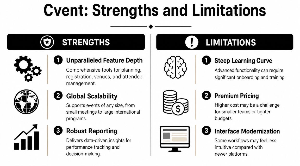 A structured infographic outlining the key strengths and limitations of the Cvent event management software platform.