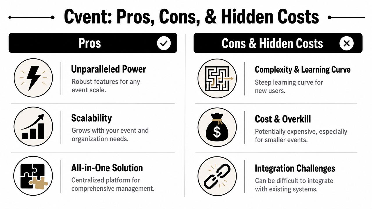 A comparison infographic listing the pros and cons of using Cvent event management software for businesses.
