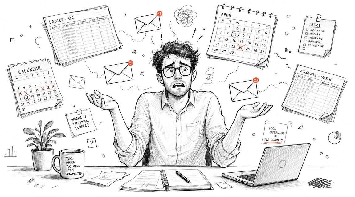 A stressed man overwhelmed by excessive documents, digital notifications, and tasks at a cluttered office desk.