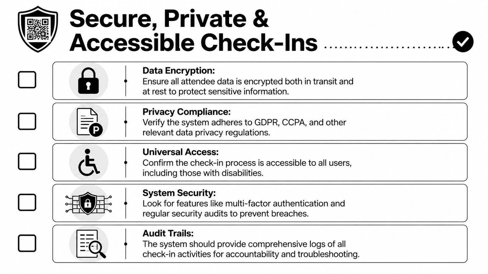 A checklist infographic detailing the essential security and accessibility features for a QR code check-in system.