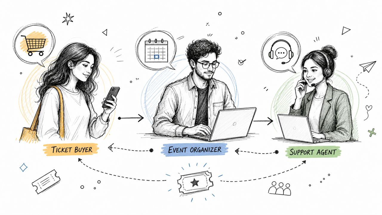 A hand-drawn illustration depicting the workflow between a ticket buyer, an event organizer, and a support agent.