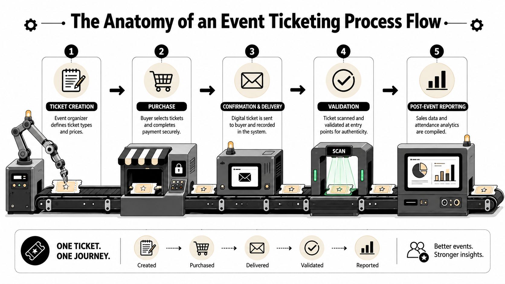 A diagram illustrating the five stages of an event ticketing process flow, from creation to reporting.