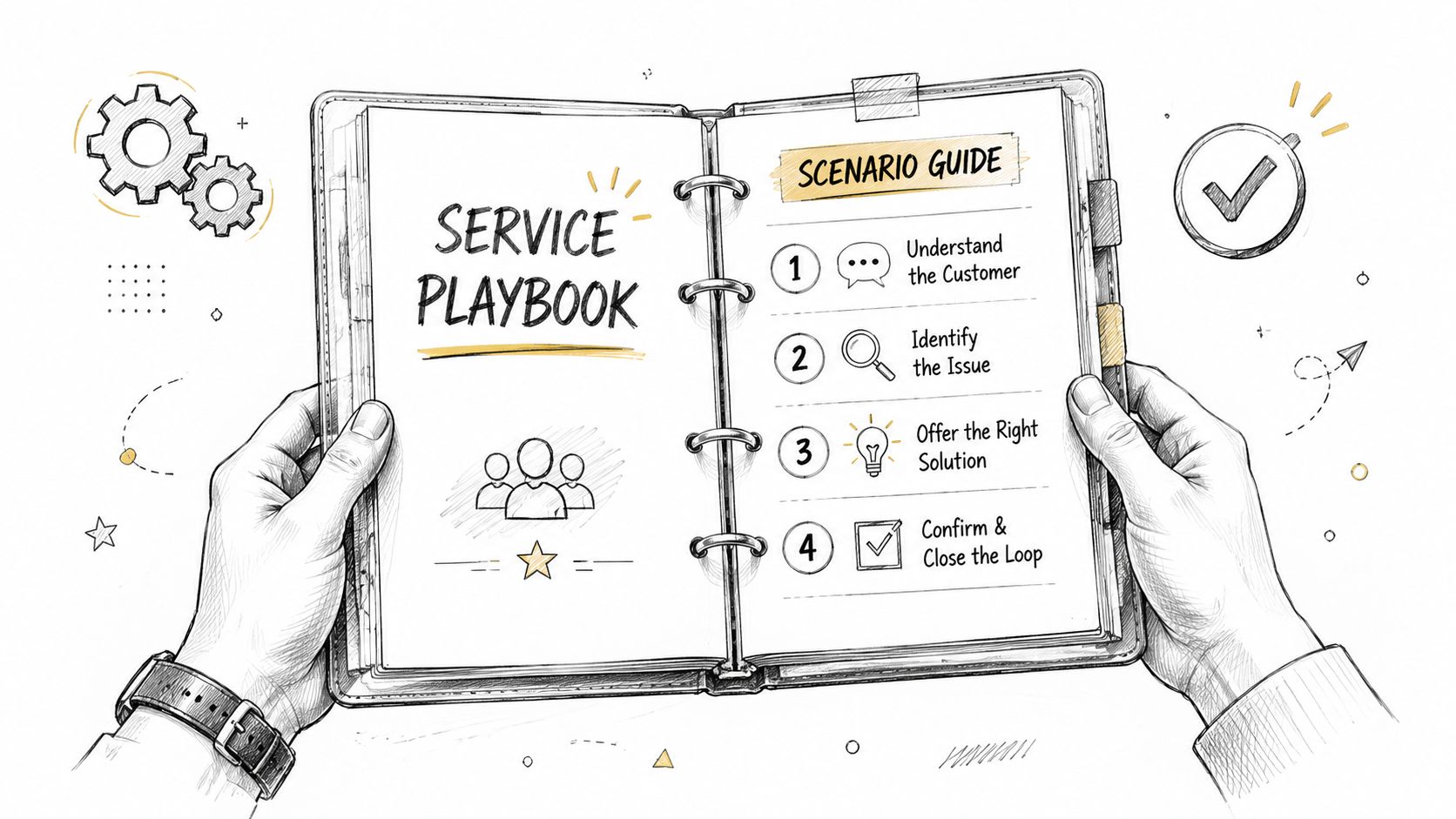 A hand-drawn illustration of a person holding an open service playbook with a four-step scenario guide.