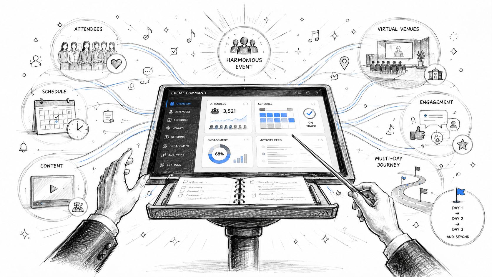 A conceptual sketch showing a central event management dashboard surrounded by icons representing event planning features.