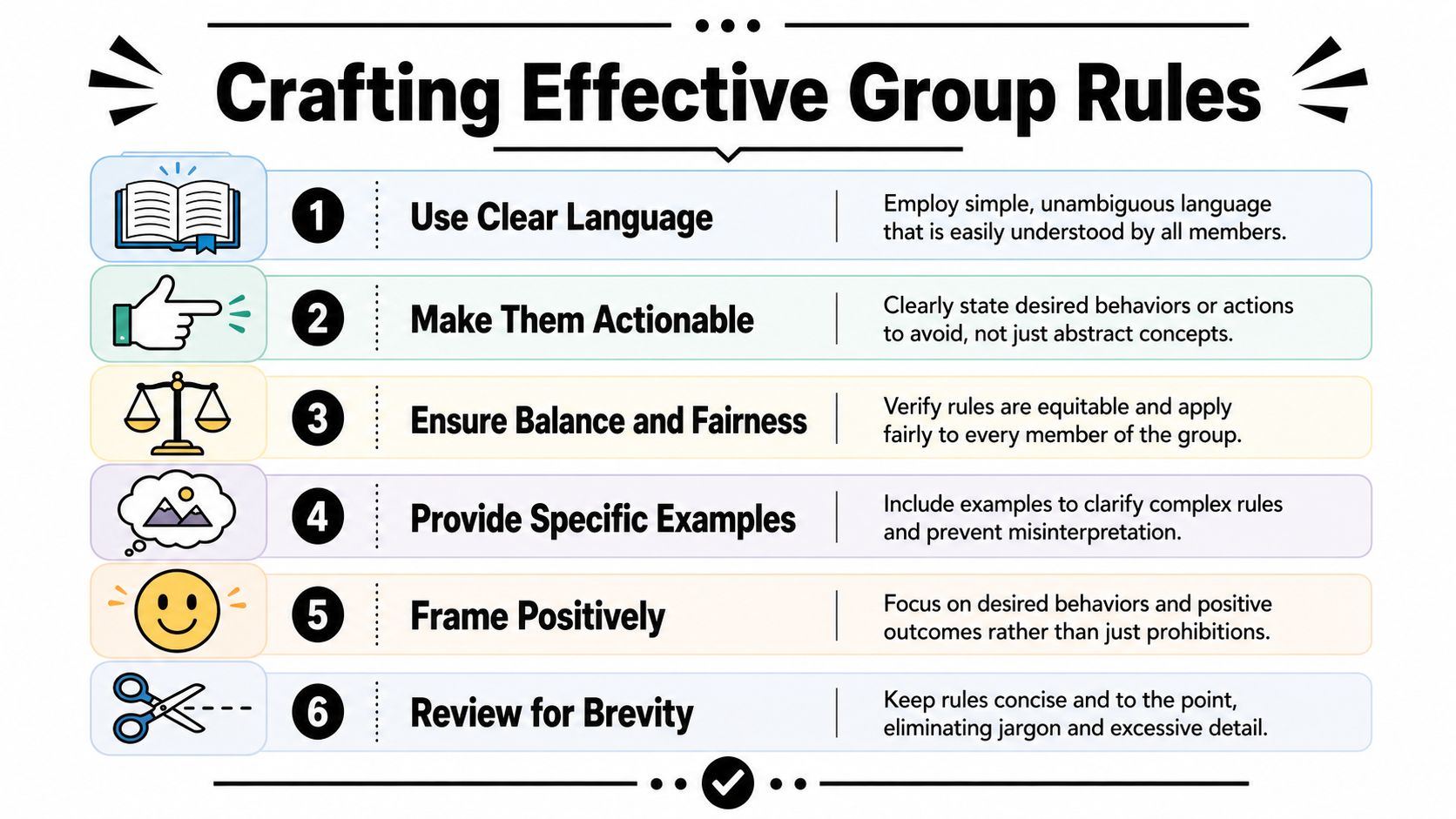 An infographic titled Crafting Effective Group Rules displaying six numbered tips for creating clear and fair group guidelines.