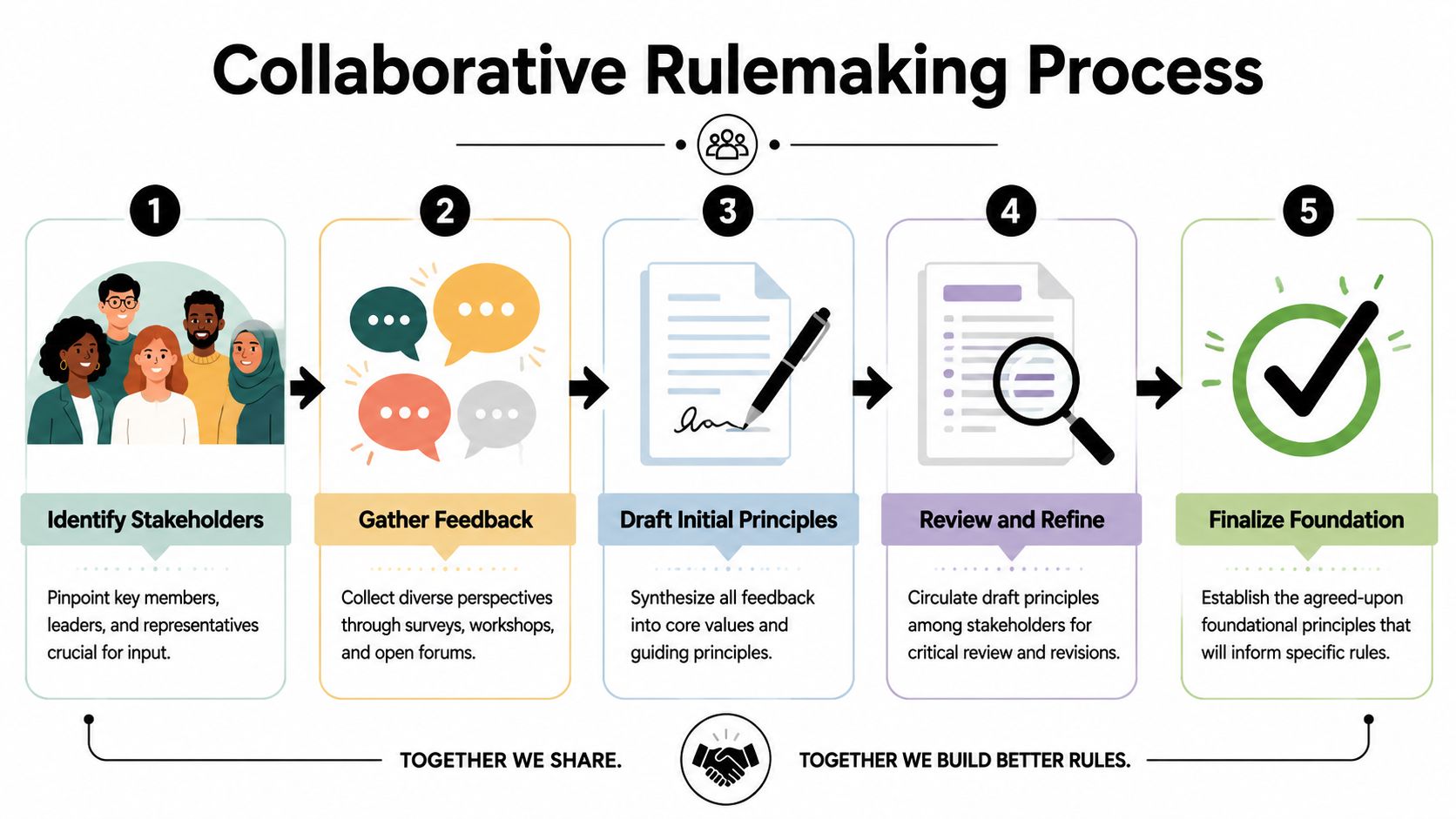 A five-step flowchart illustrating the collaborative rulemaking process, from identifying stakeholders to finalizing foundation principles.