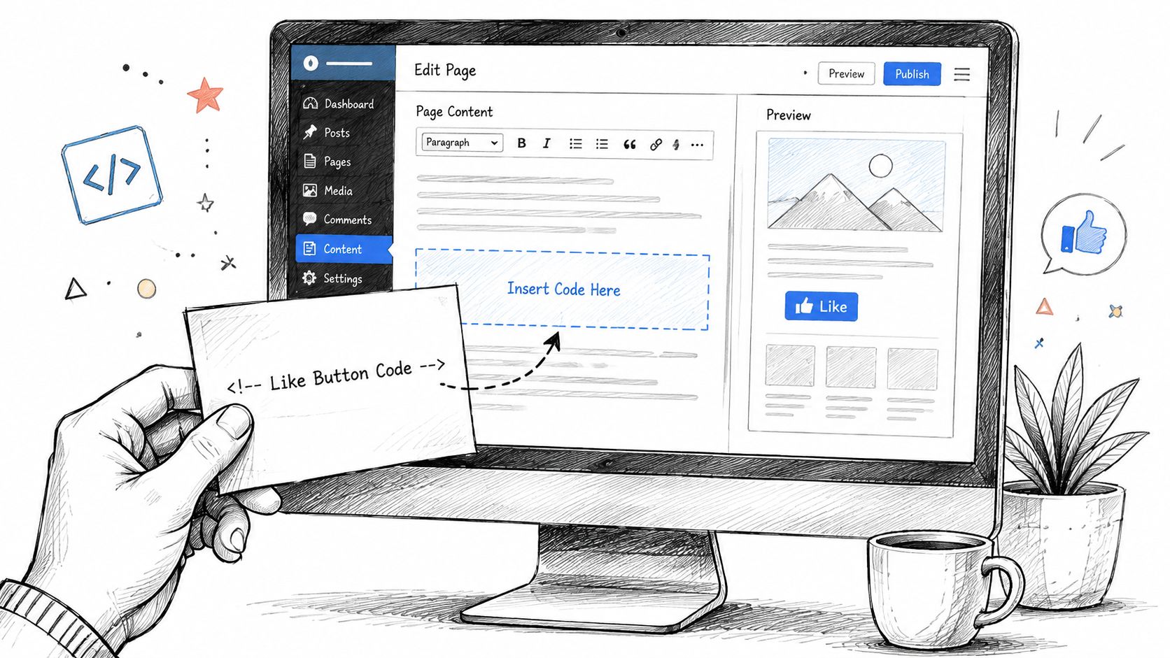 A hand holding a note with code being inserted into a website page editor on a monitor.