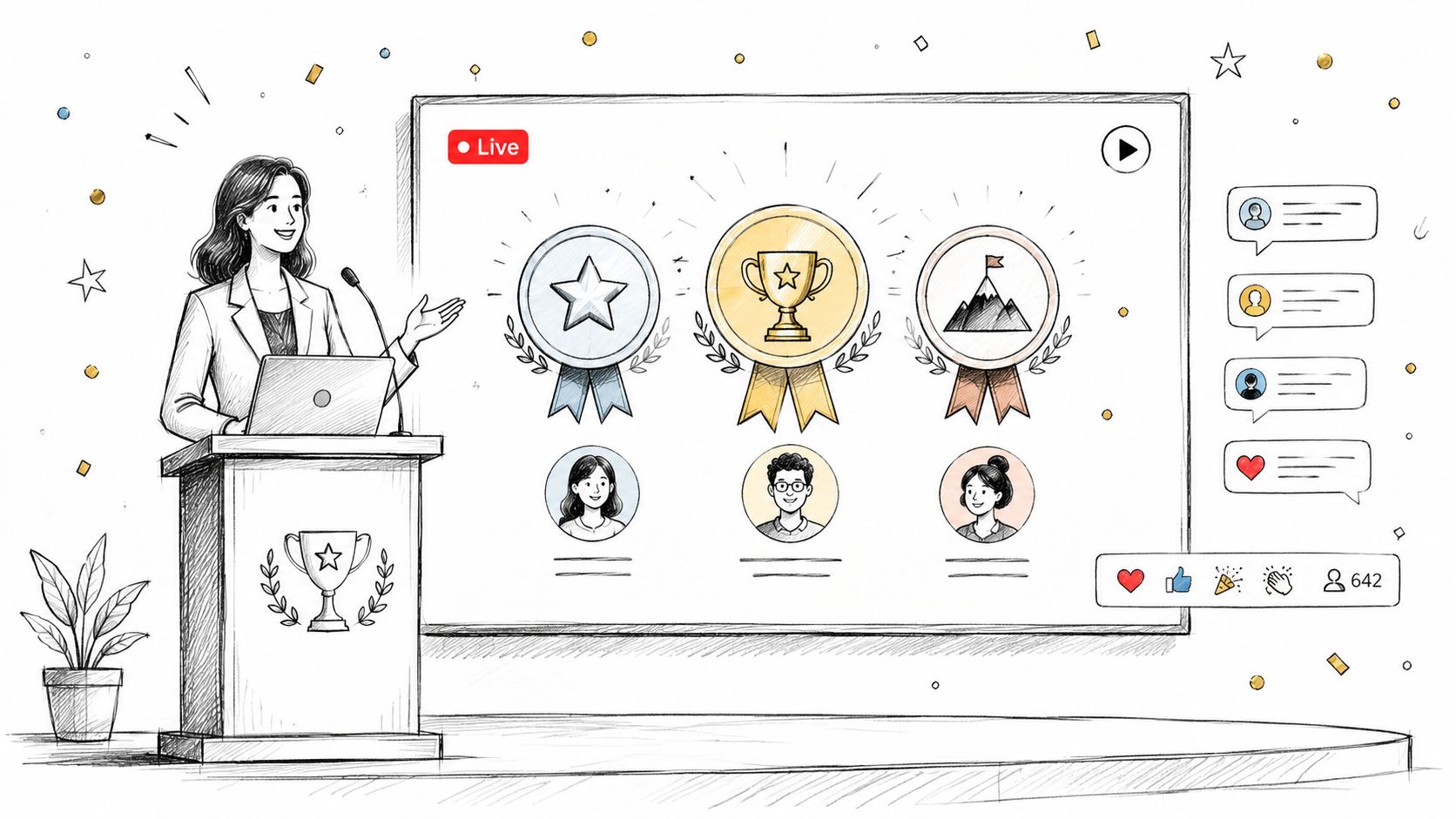 A woman presenting a live webinar featuring award-winning employee milestones on a large display screen.