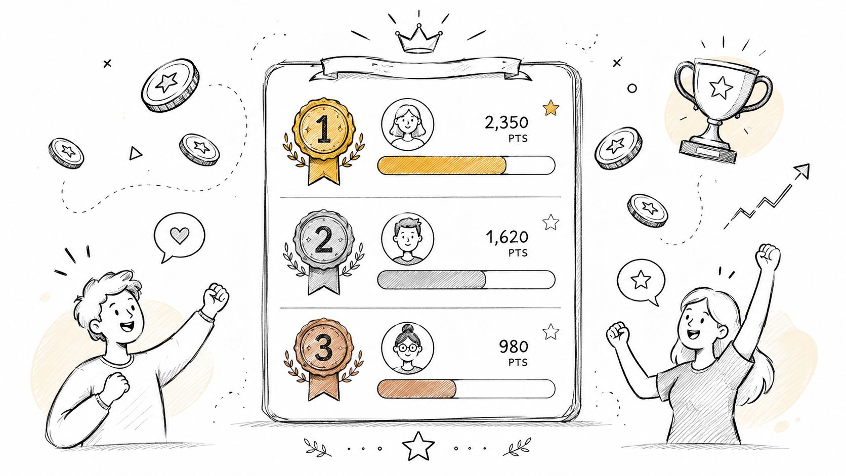A hand-drawn illustration featuring a leaderboard with three top performers, coins, a trophy, and celebrating people.