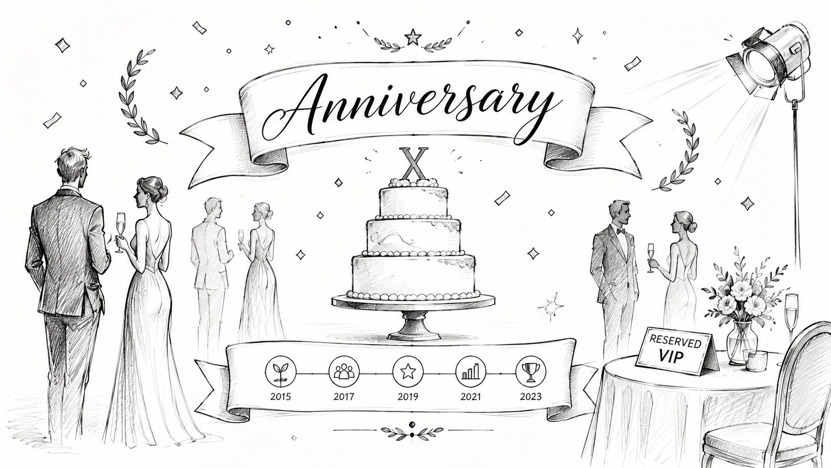 A pencil sketch illustration of an anniversary celebration featuring a cake, elegant couples, and a timeline banner.