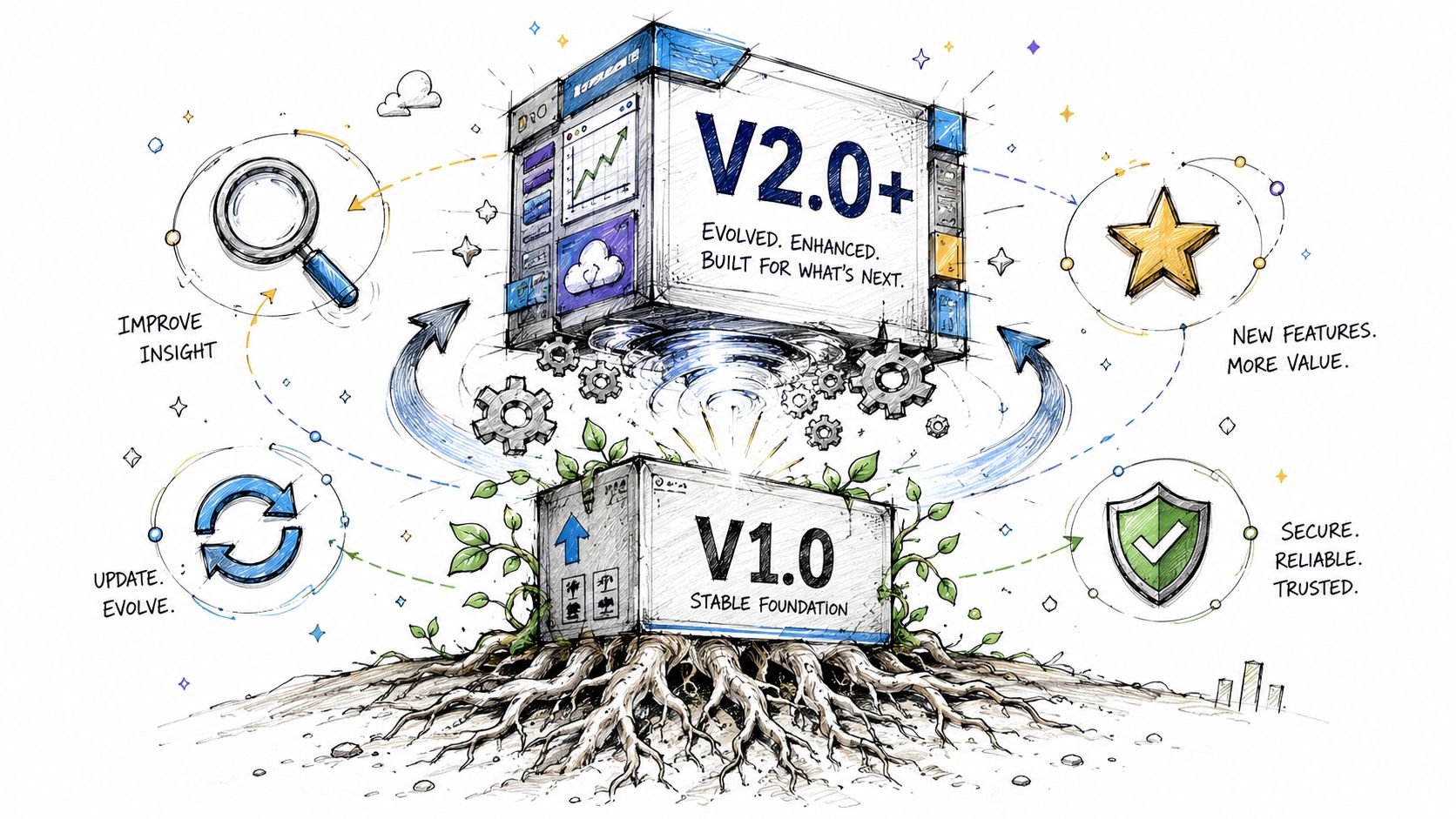 A conceptual diagram showing software version evolution from a stable foundation V1.0 to an enhanced V2.0.
