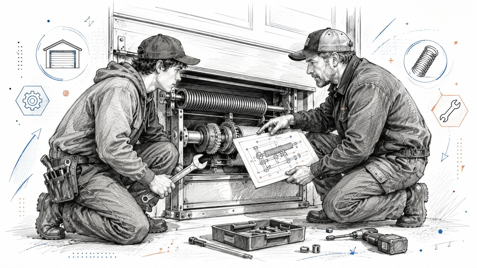 An experienced garage door technician instructing an apprentice while reviewing technical blueprints for a repair project.