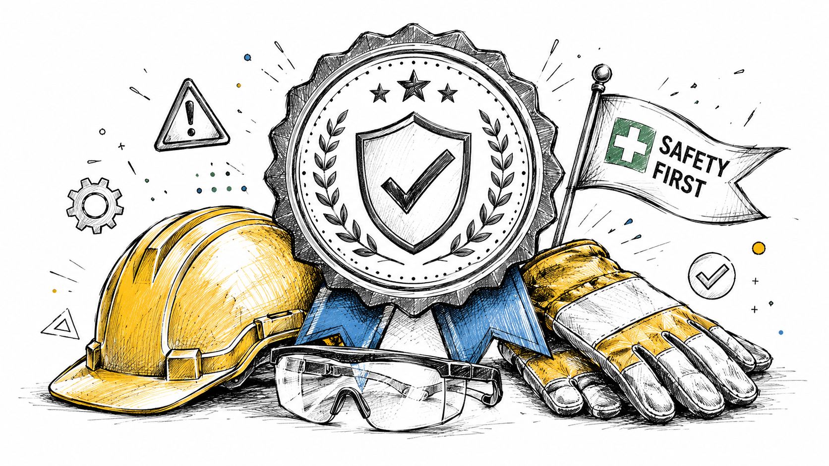 An illustration of construction safety equipment including a hard hat, goggles, work gloves, and a safety badge.