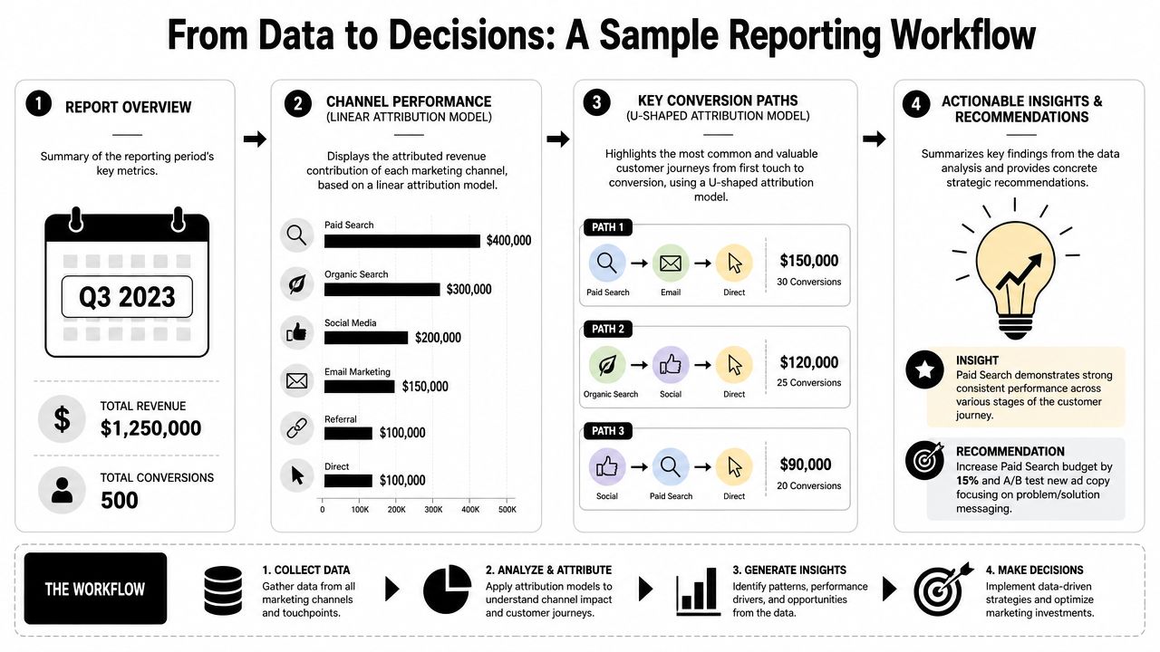 A marketing workflow infographic showing steps from data collection to revenue attribution and actionable business strategy decisions.