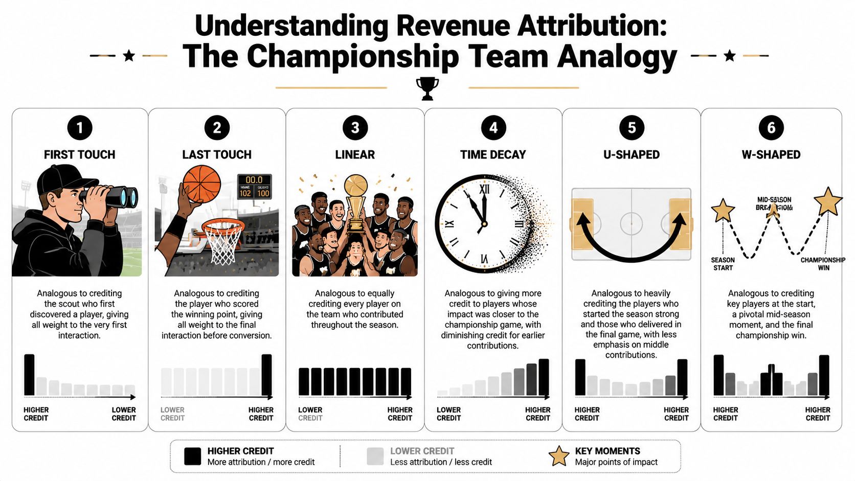 An infographic explaining six revenue attribution models using sports metaphors from first touch to w-shaped.
