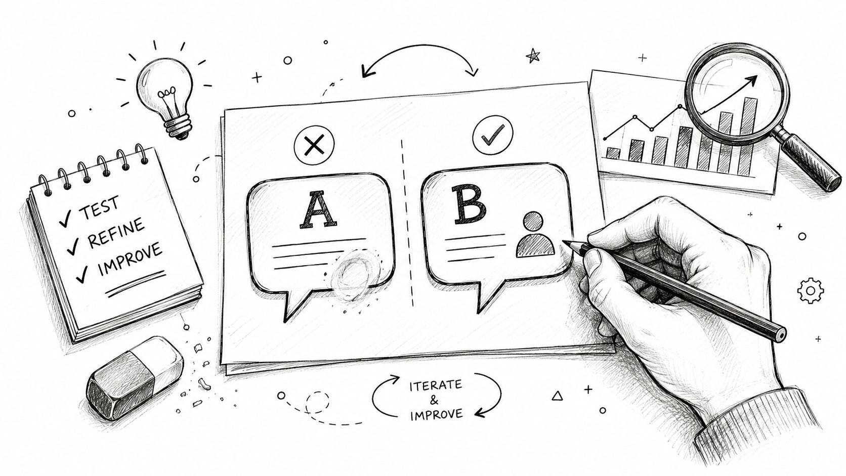 A hand sketches a diagram comparing option A with option B to illustrate iterative messaging improvement.