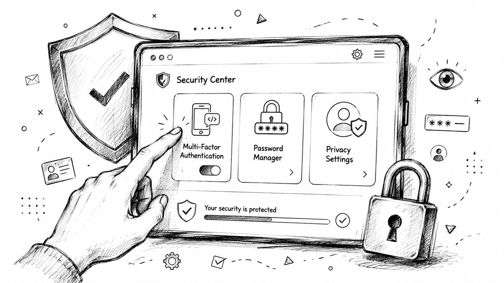 A hand touching a tablet screen showing security center features like authentication, password management, and privacy settings.