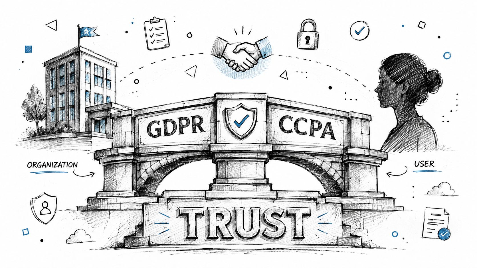 A hand-drawn illustration depicting a bridge connecting an organization and a user, representing data privacy compliance.