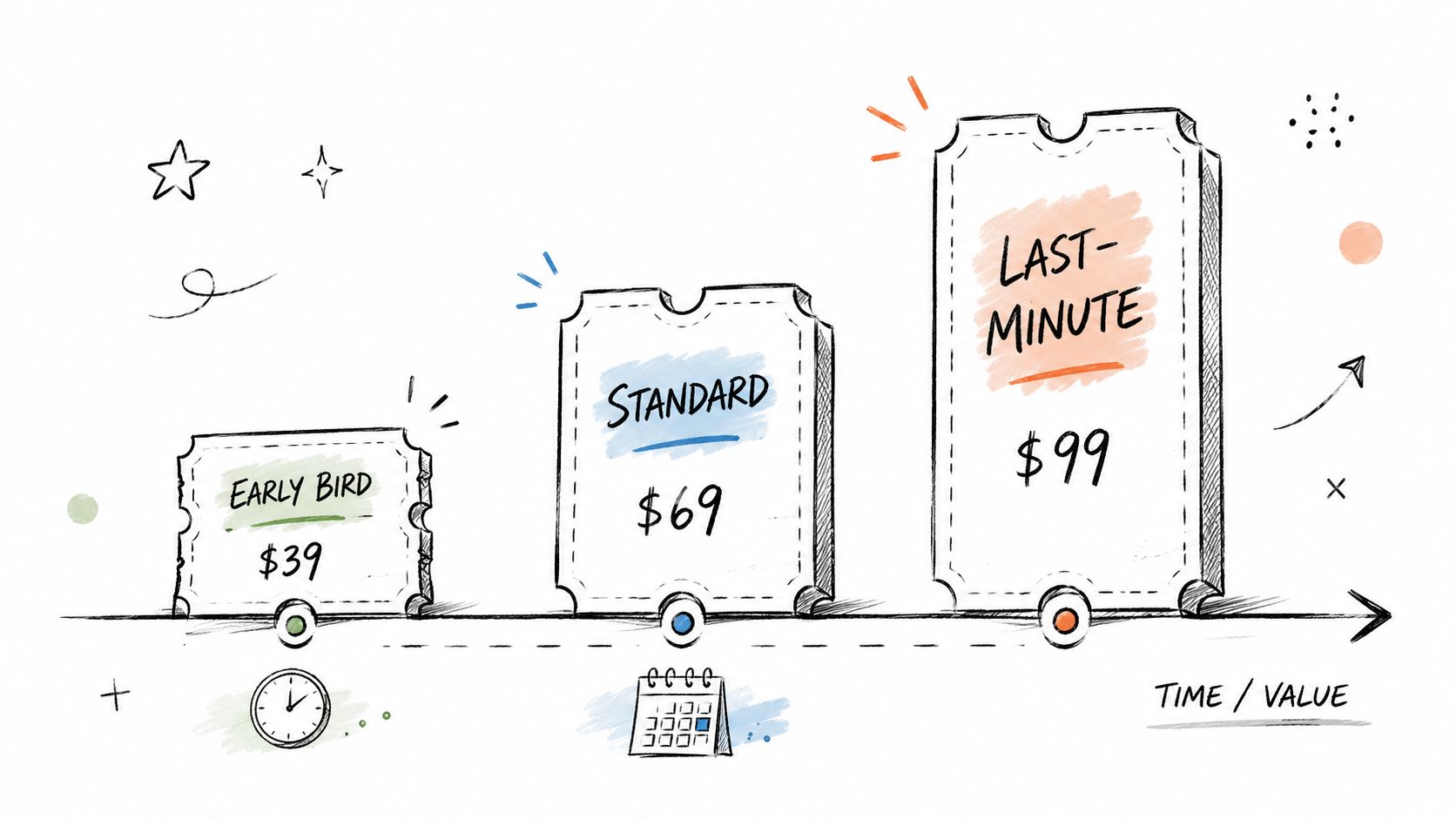 A hand-drawn illustration depicting three tiered ticket pricing options: early bird, standard, and last-minute.