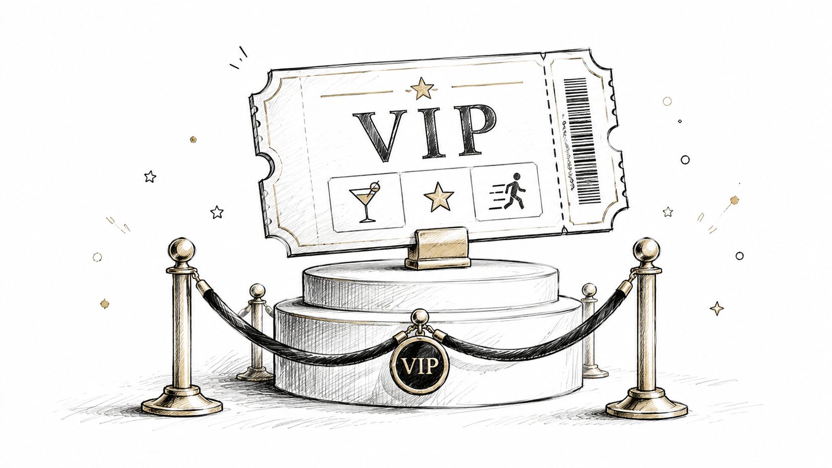 A sketched illustration of a VIP golden ticket sitting on a display stand with velvet ropes.