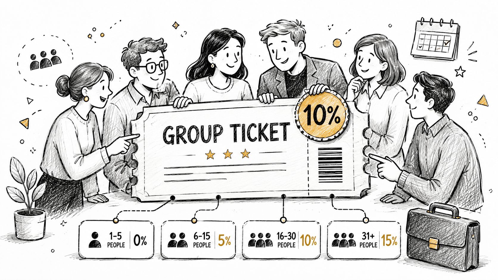 A sketched illustration of a diverse group of professionals looking at a group ticket pricing chart.