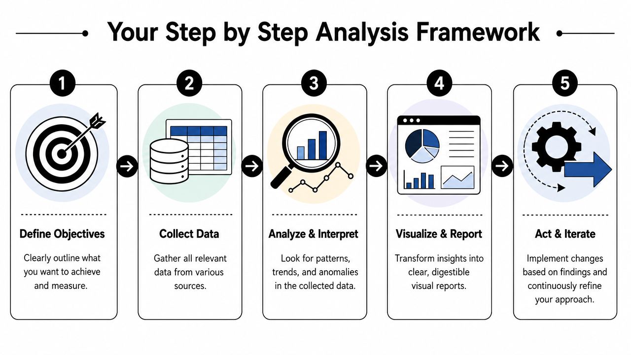A five-step analysis framework illustration showing the process of defining objectives, collecting data, analyzing, reporting, and iterating.