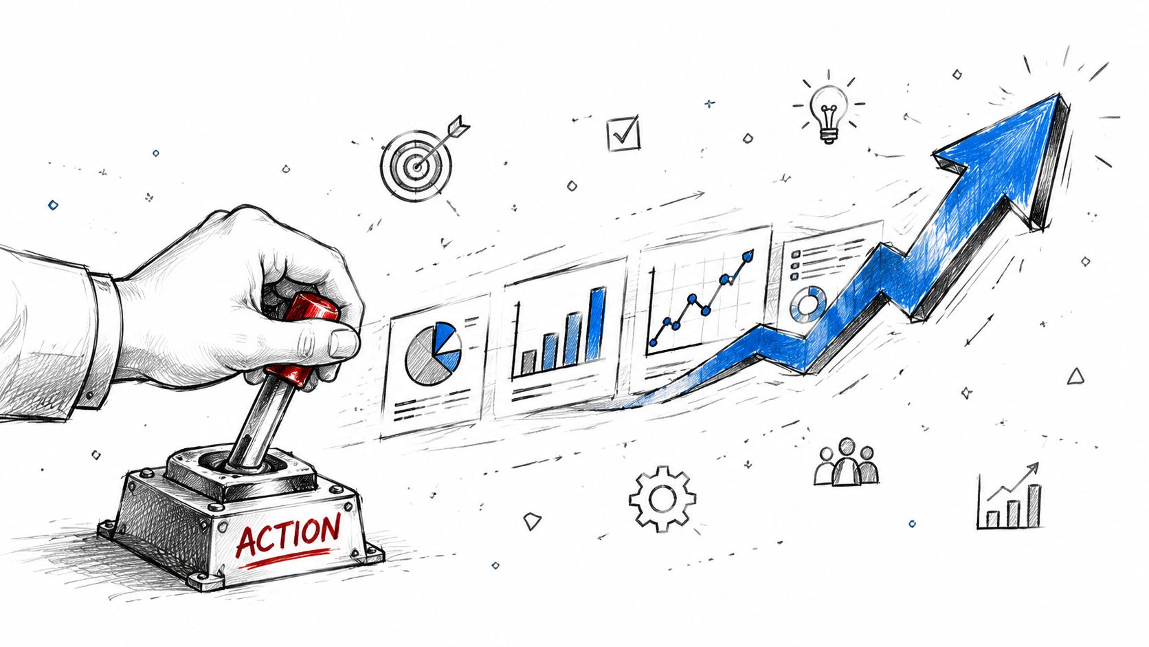A hand pulling a lever labeled Action causing business charts and a blue growth arrow to rise.