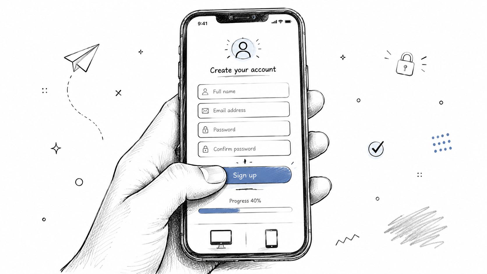 A hand holding a smartphone displaying an account creation page with fields for user registration details.