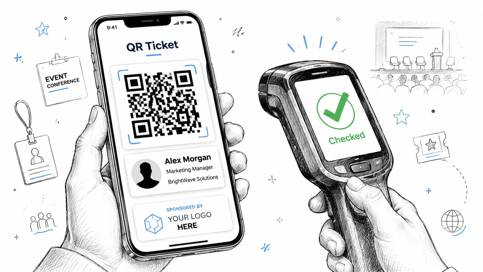 A smartphone displaying a digital QR ticket being scanned by a handheld device at an event conference.