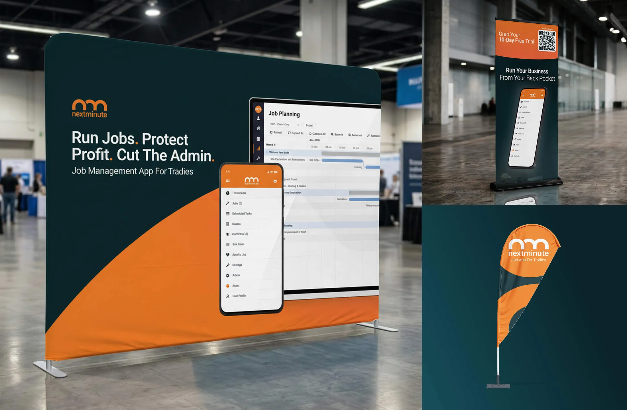 NextMinute job management brand on a conference backdrop and pull-up banner