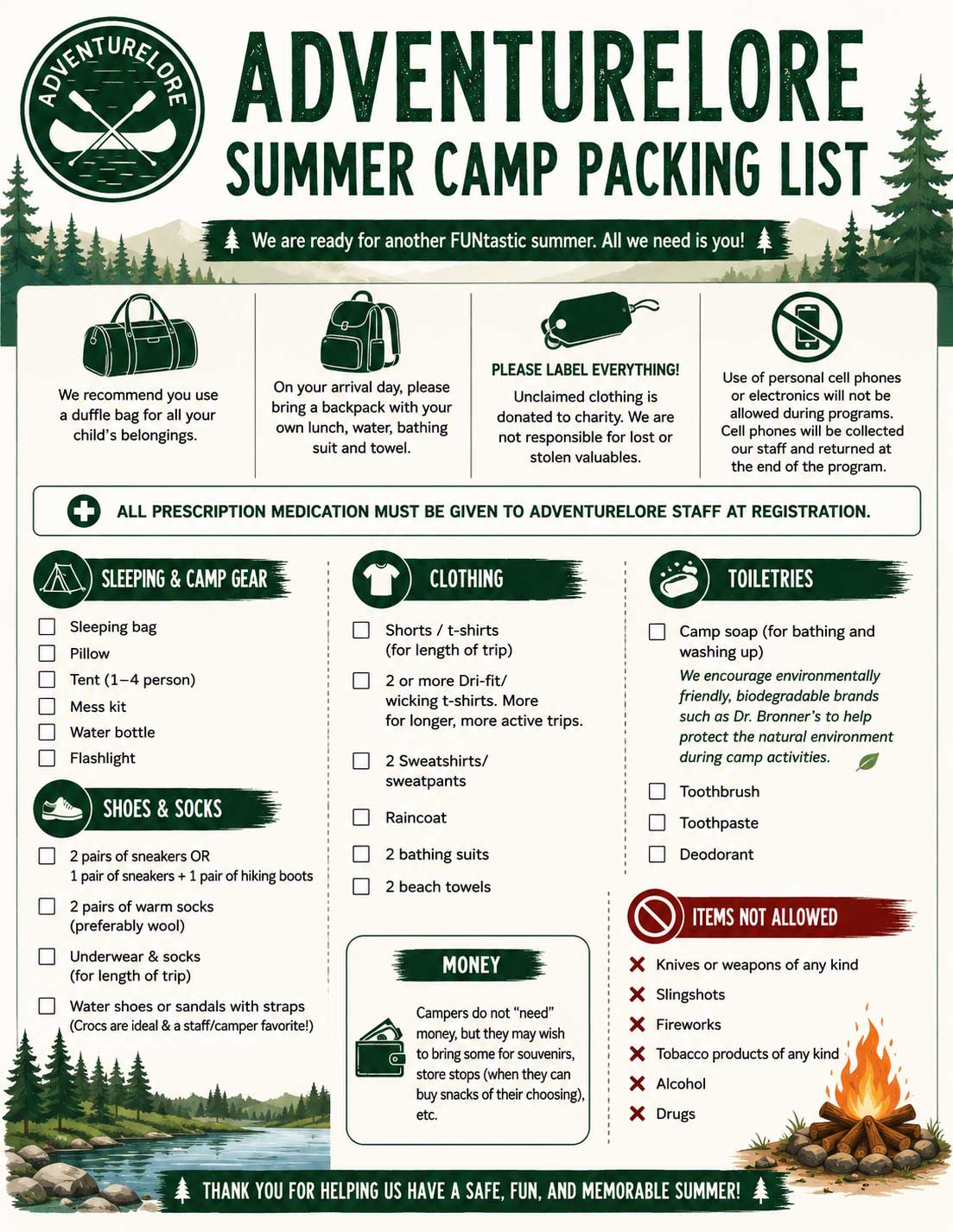 Packing list for adventure camp