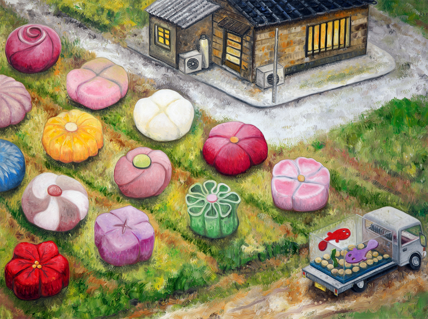 Oscar Oiwa, Wagashi Hatake, 2026. Oil on canvas 36 x 48 inches.