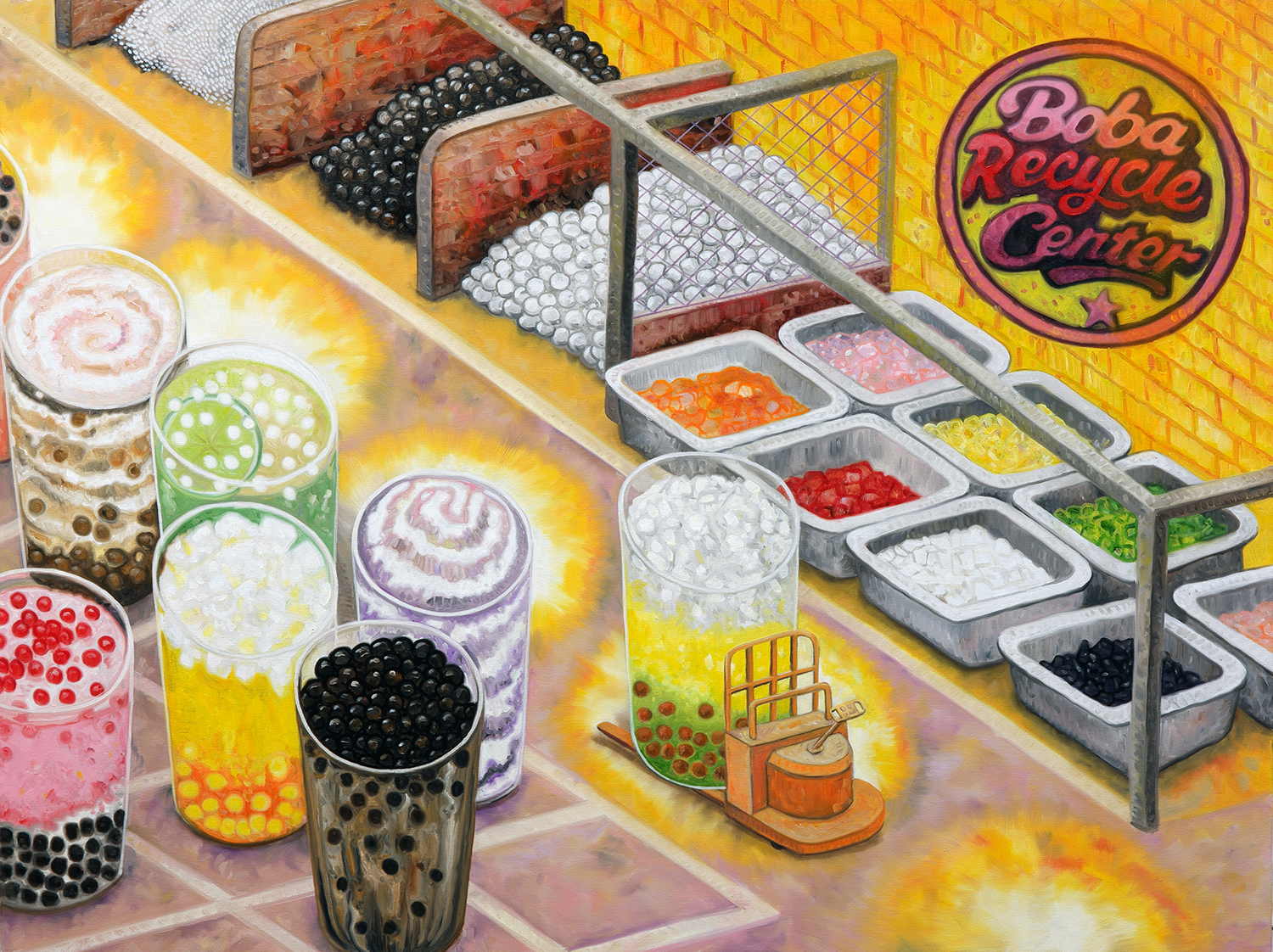 Oscar Oiwa, Boba Recycle Center, 2026. Oil on canvas, 36 x 48 inches.