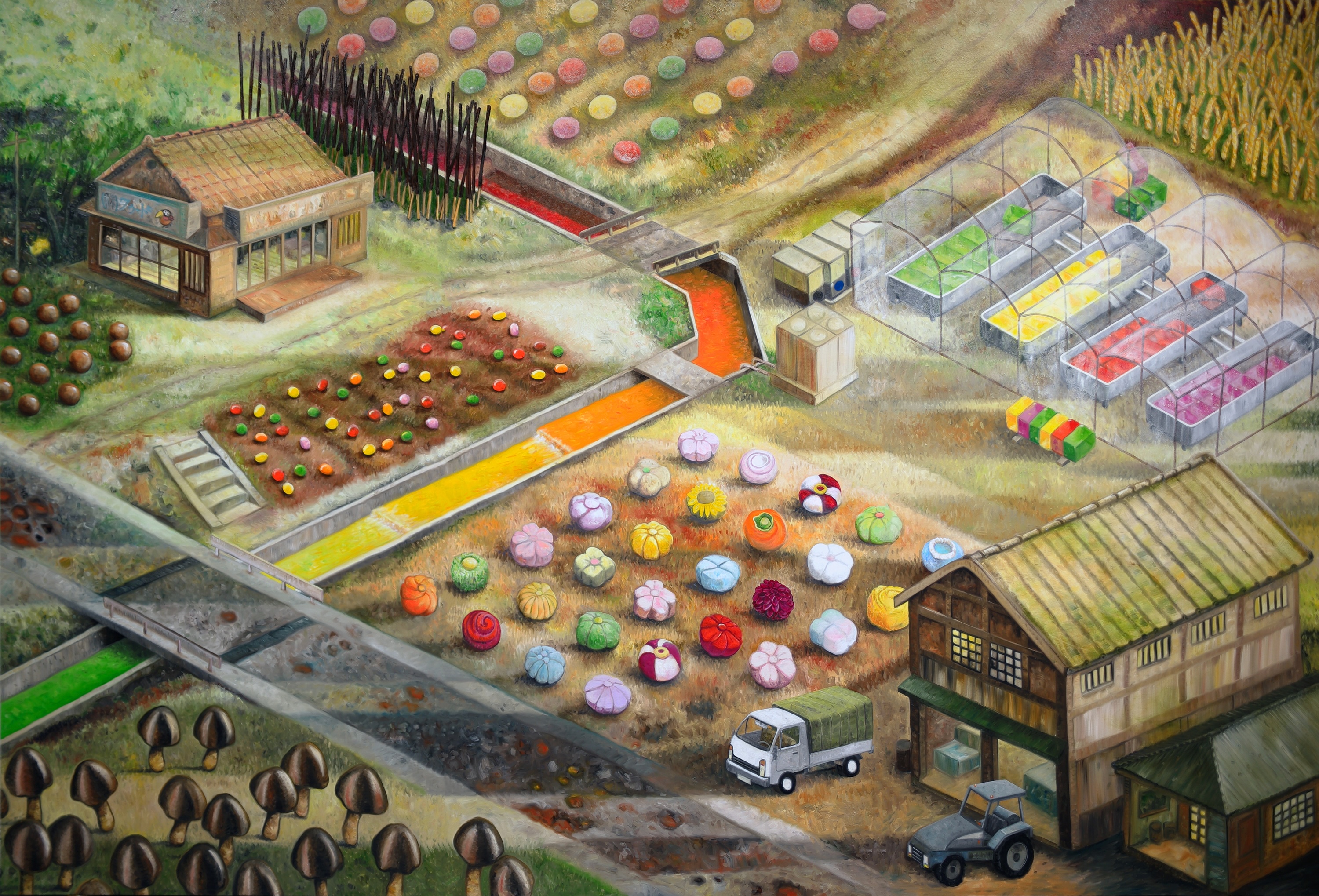 Oscar Oiwa, Candy Farm, 2026. Oil on canvas 90 x 132 inches.