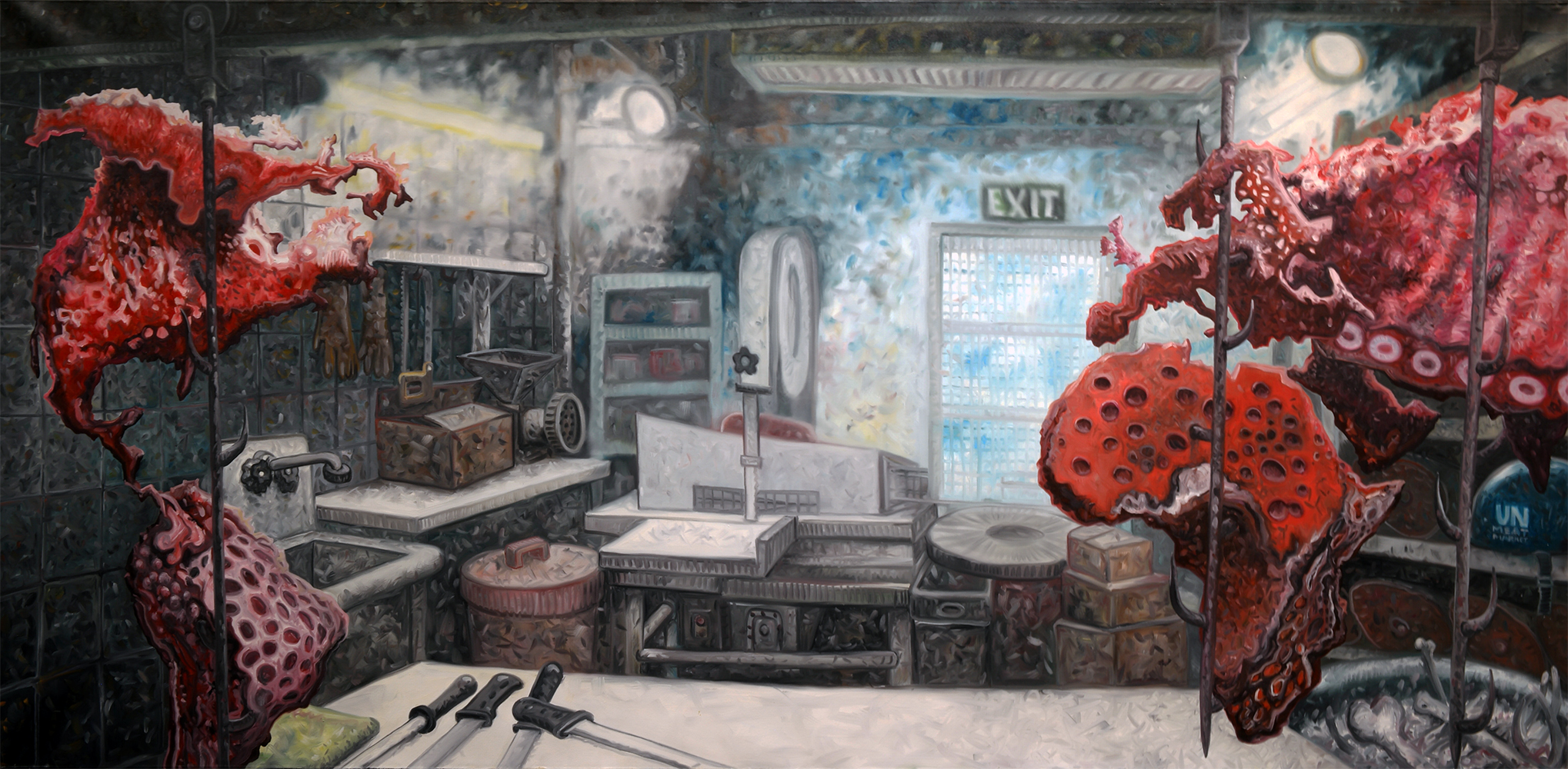 Oscar Oiwa, U.N. Meat Market (small), 2006. Oil on canvas, 44 x 90 inches.
