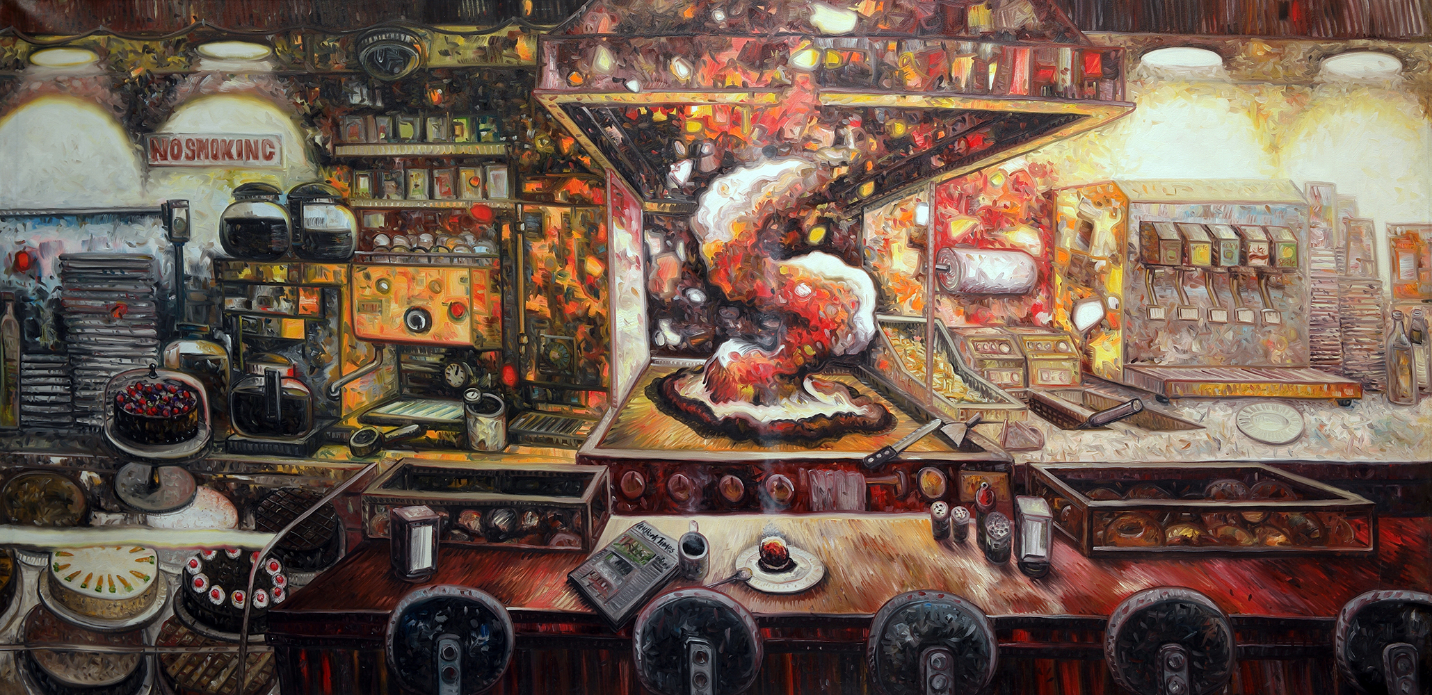 Oscar Oiwa, NY Breakfast (Small), 2009. Oil on Canvas, 44 x 89 1/2 inches.