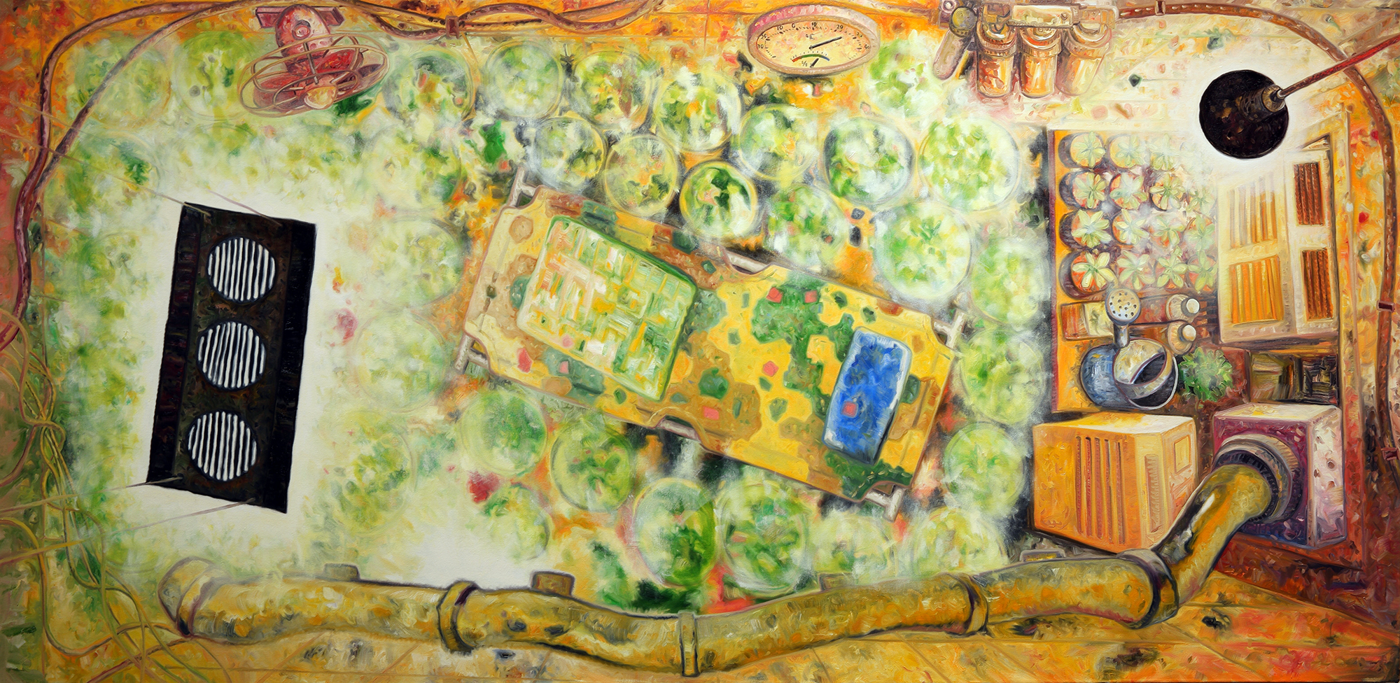 Oscar Oiwa, Secret Room, 2013. Oil on canvas, 44 x 90 inches.