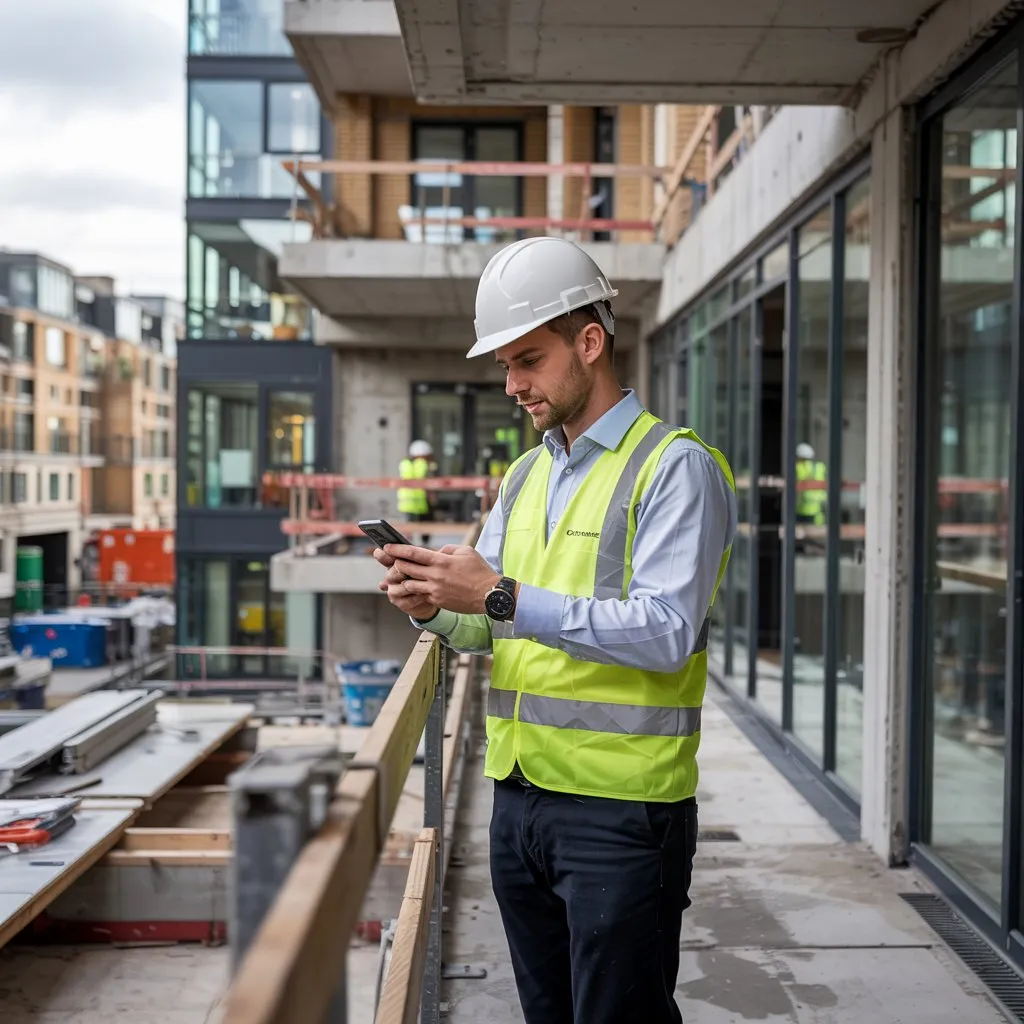 A site foreman checking his phone for BRCKS updates