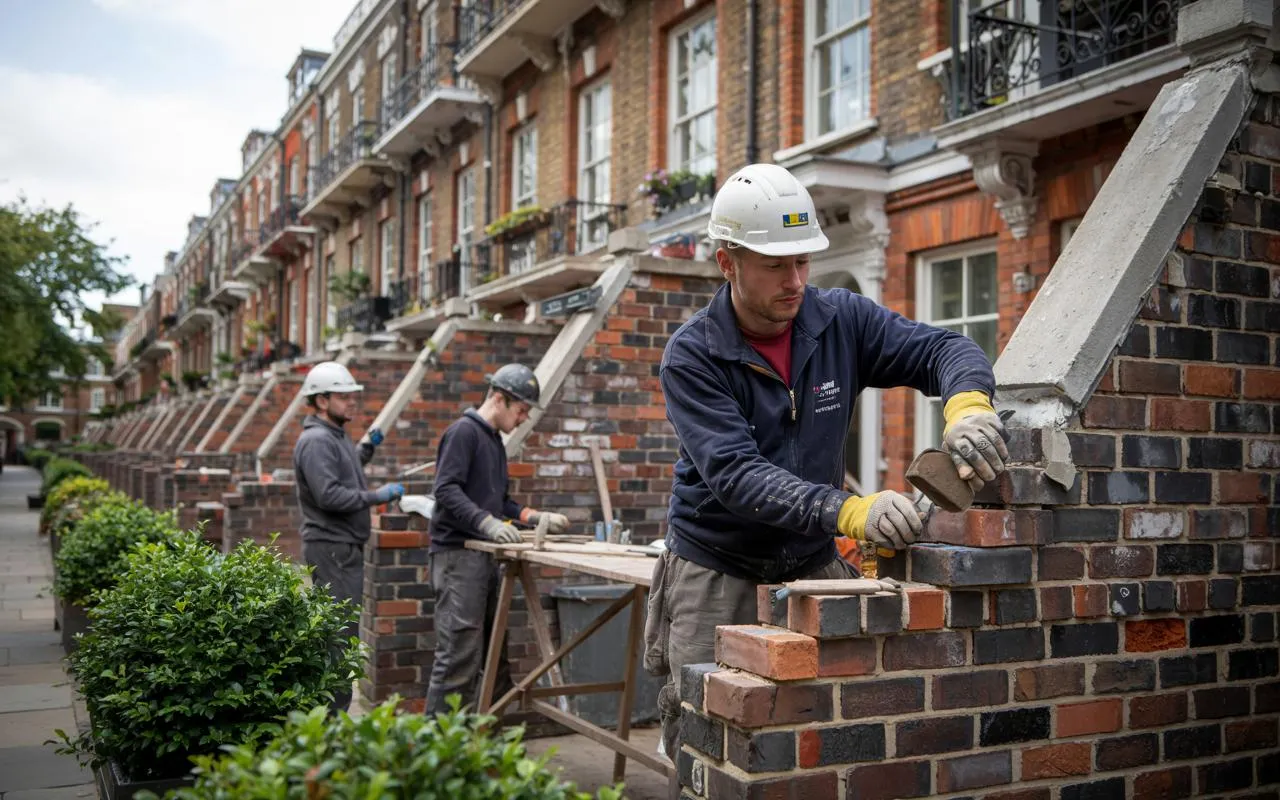 Bricklayers working on a townhouse in London