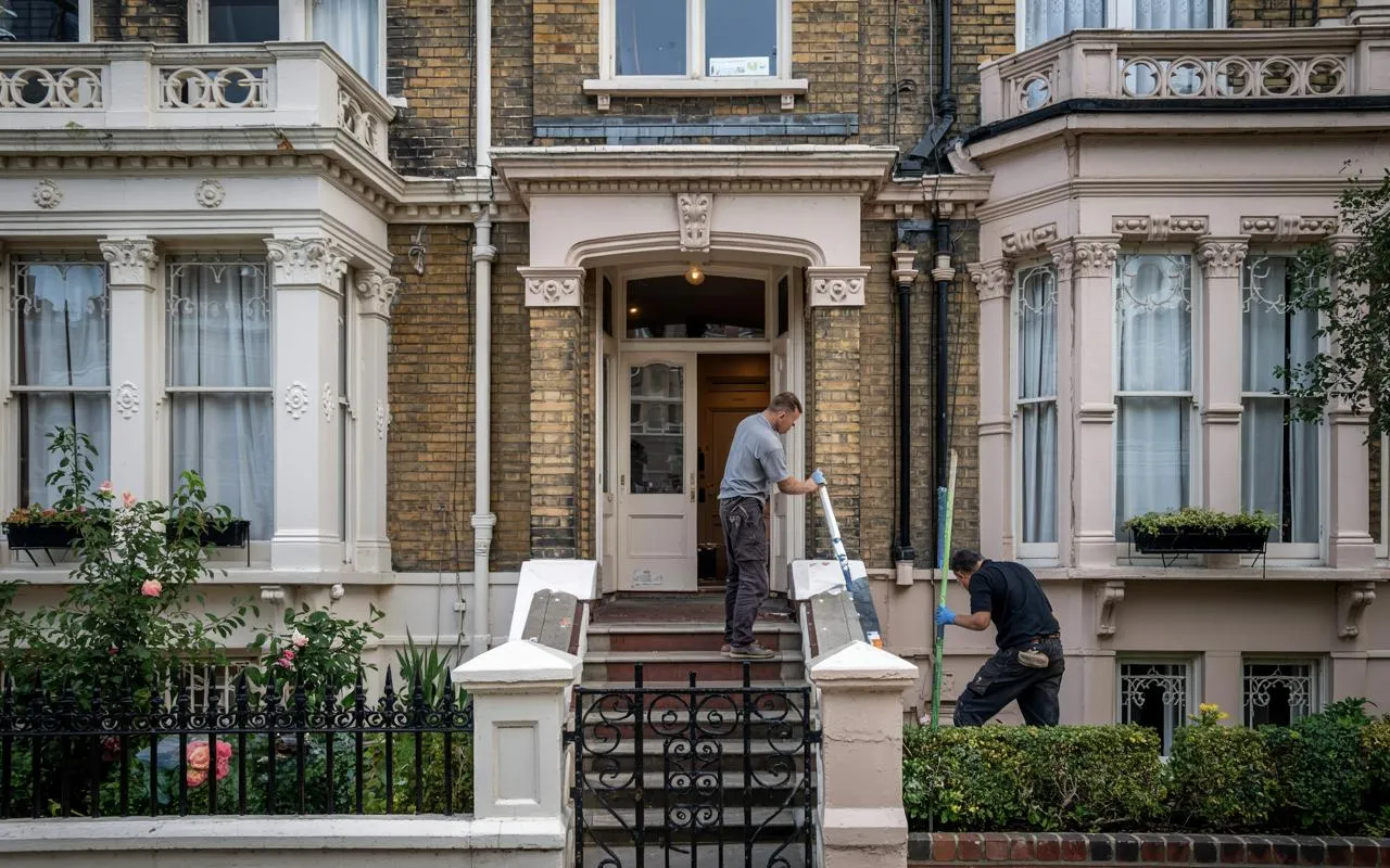 Builders working on the front of a house in Cheslea, UK