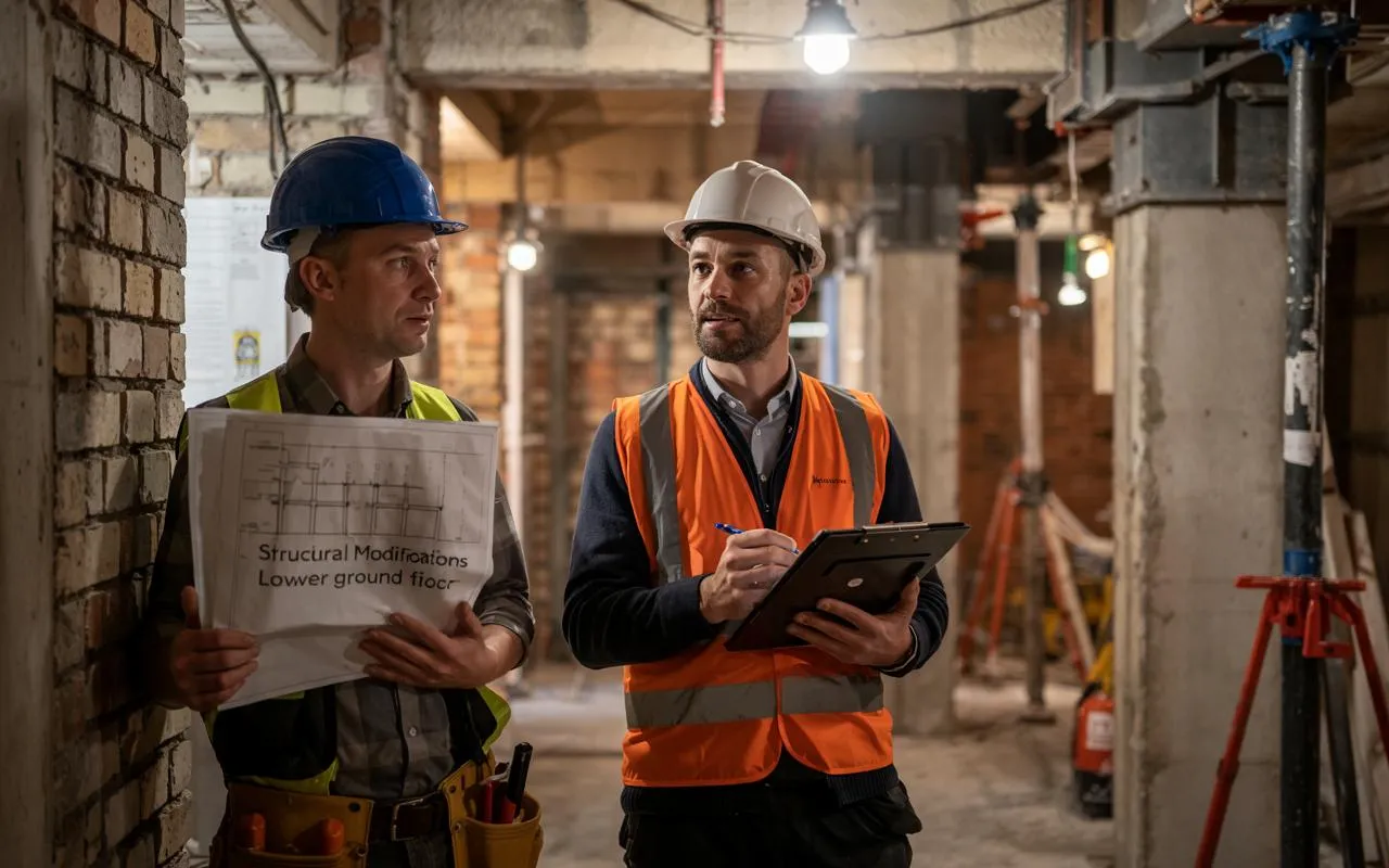 Builders meeting in a basement build of a townhouse in London