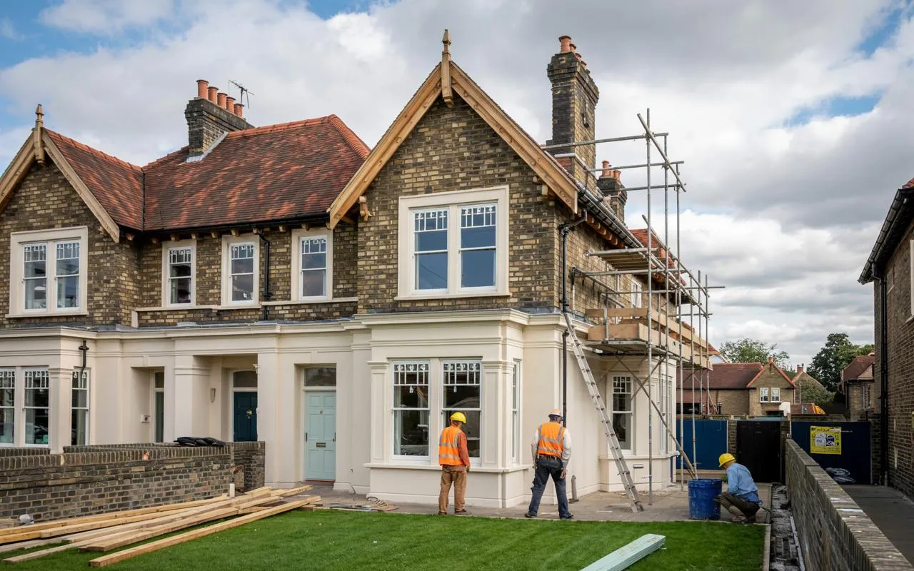 A team of workmen working on the rear of a house