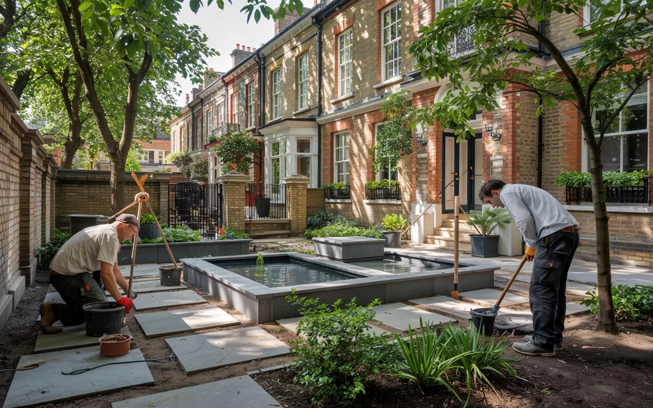 Finishing touches on a garden in London, featuring a beautiful water feature