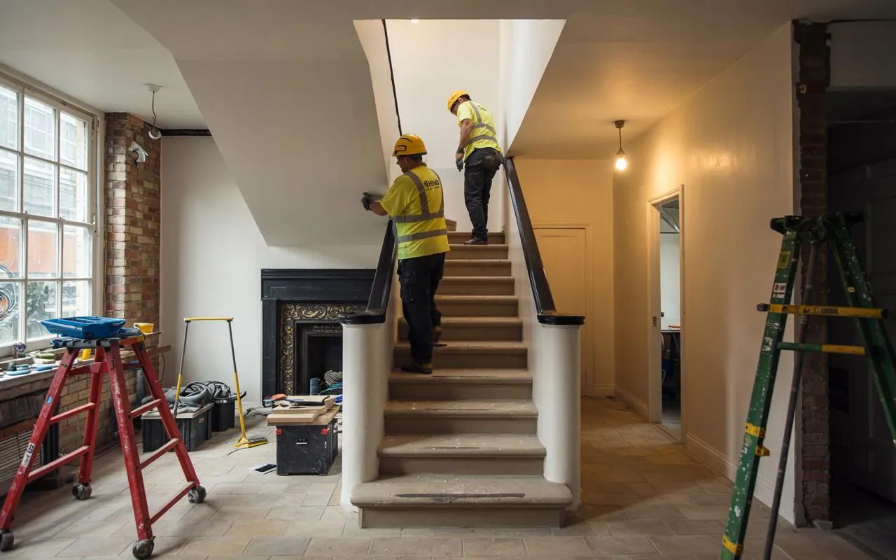 Builders working on a staircase of a London home