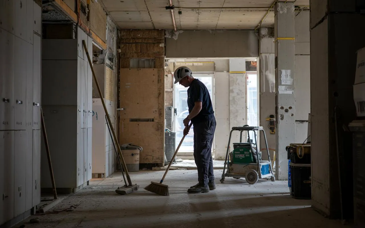 Labourer sweeping up at the end of the day